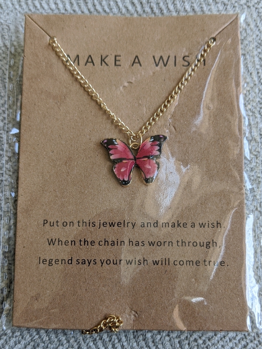 Make A Wish Pink Butterfly Pendant Necklace - Gold Chain